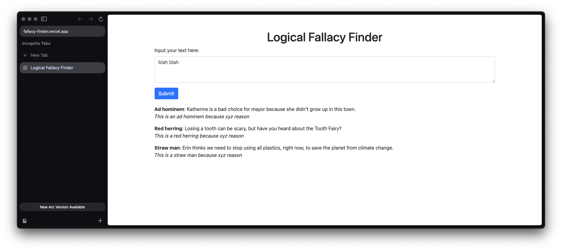 Fallacy Finder webapp deployed on vercel