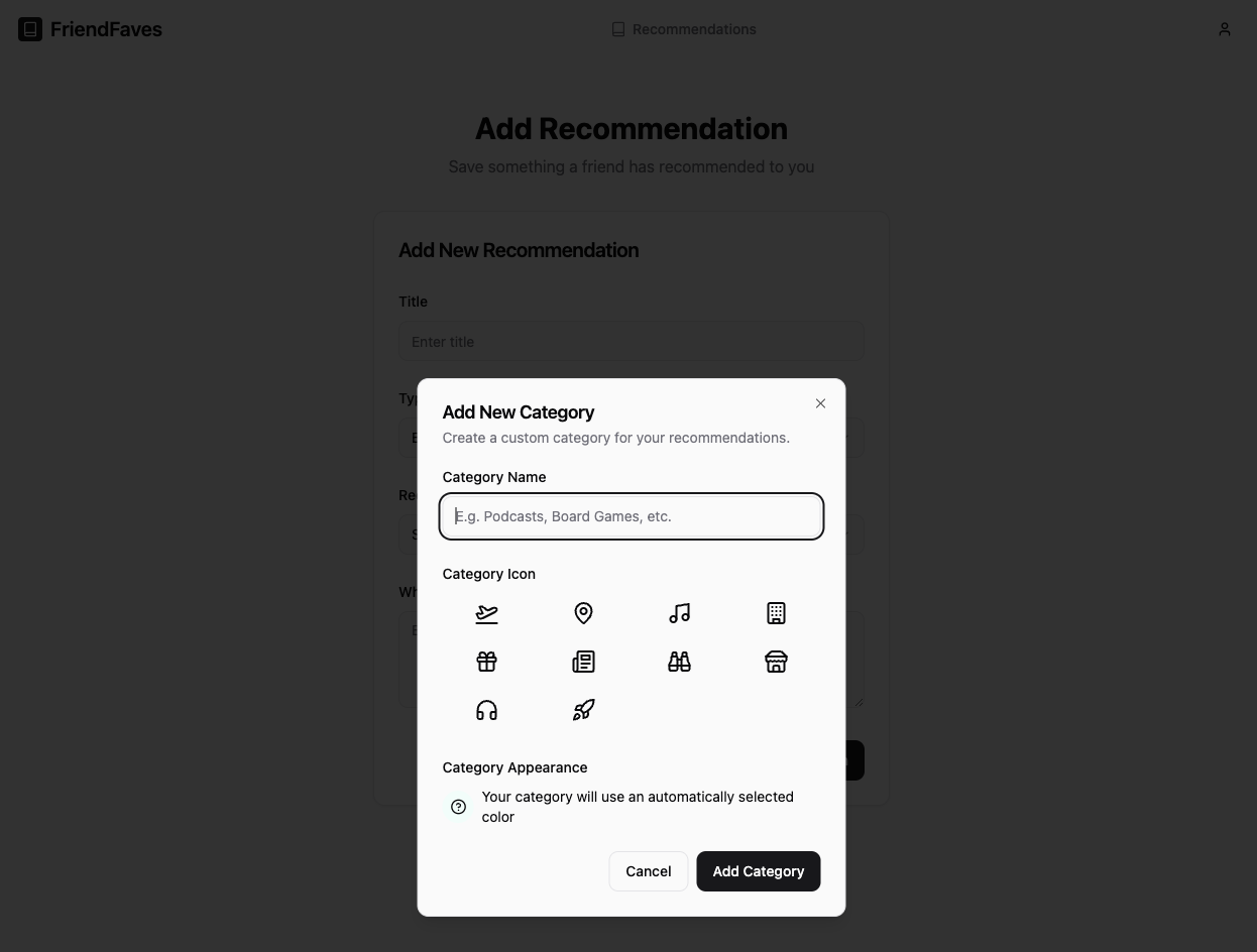 FriendFaves add category modal