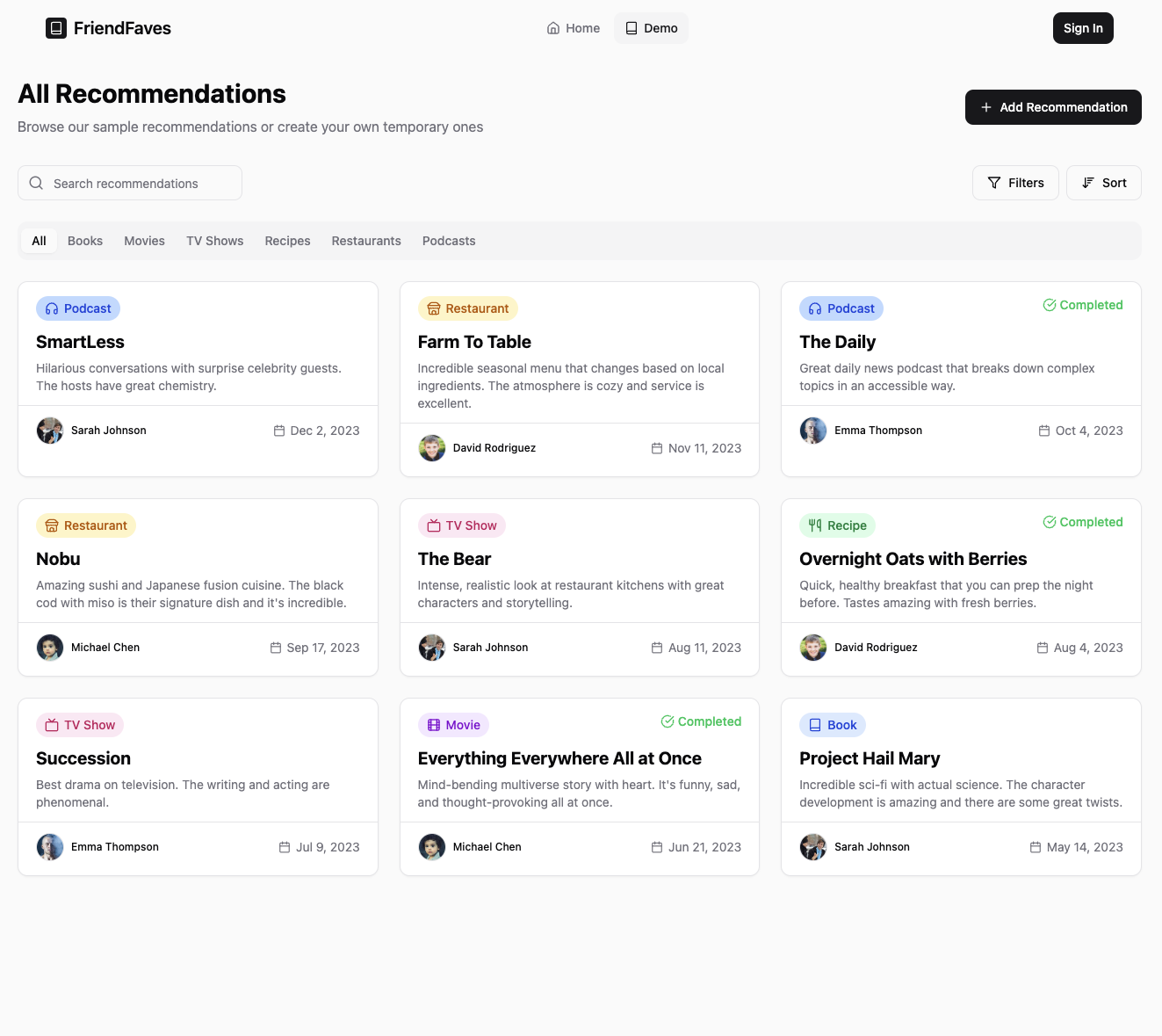 FriendFaves demo page