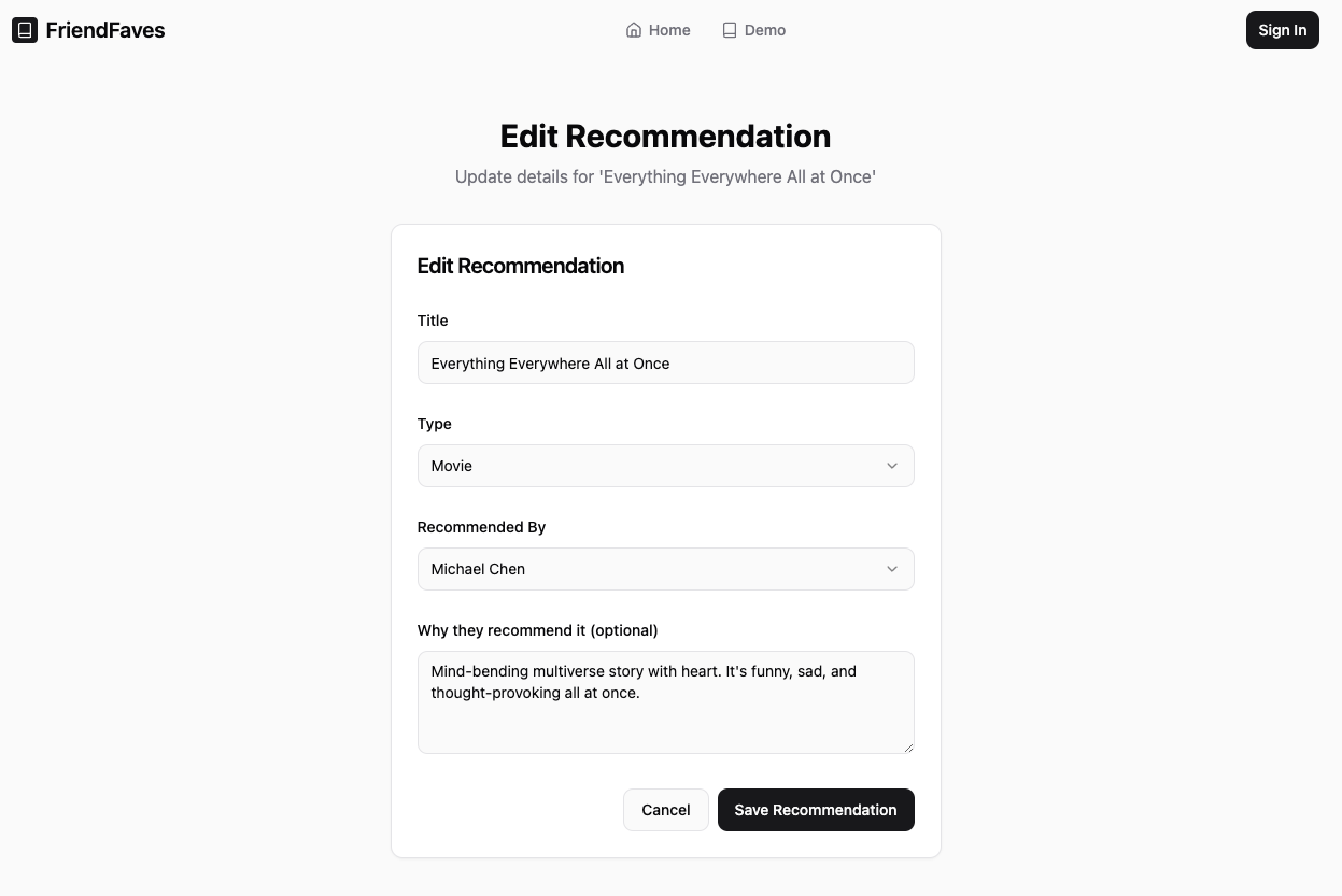 FriendFaves edit recommendation