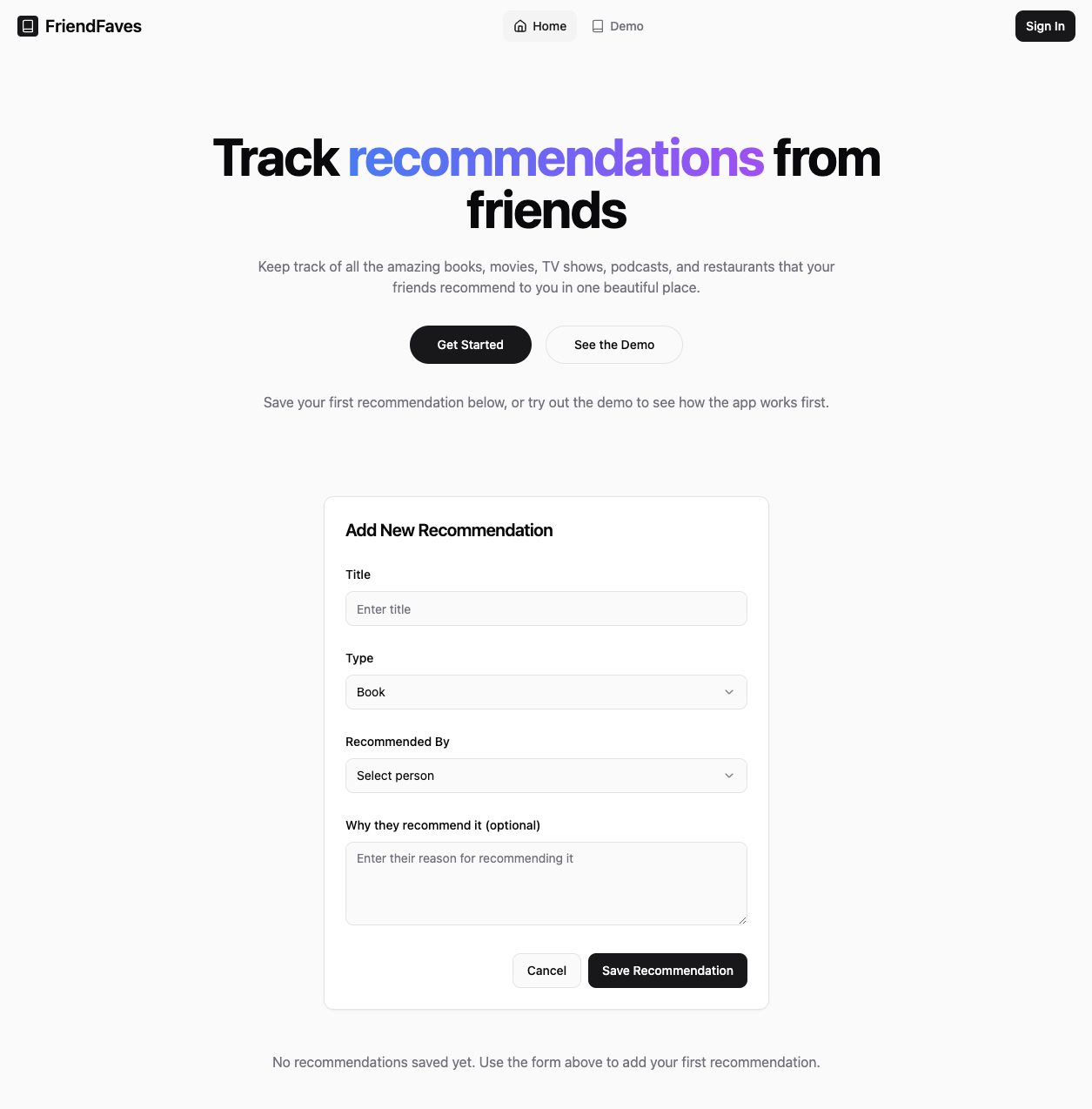 FriendFaves landing page